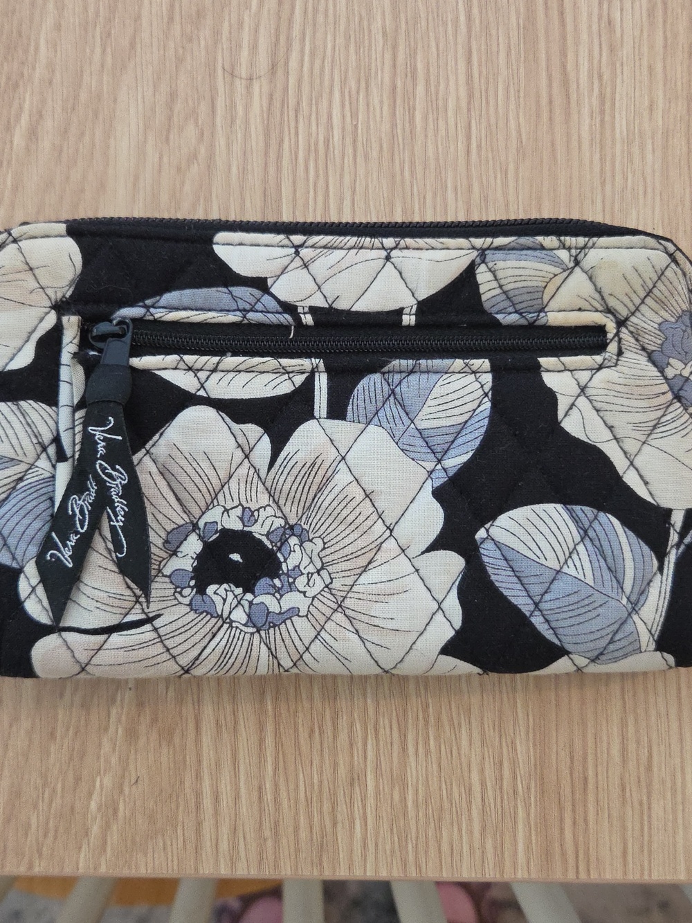 Vera Bradley Black Floral Quilted Zip Wallet with Cream and Gray Blooms